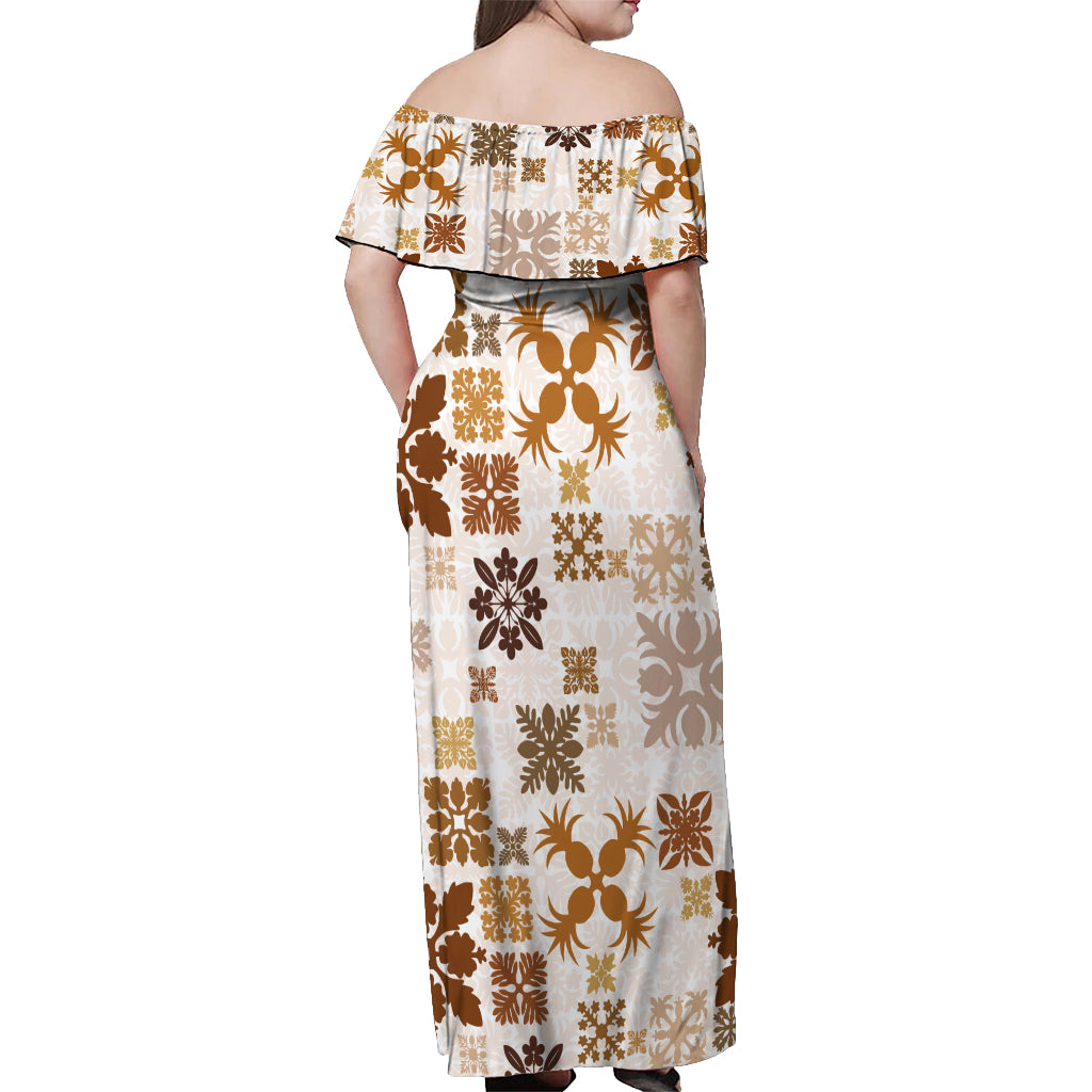 Vintage Hawaii Off Shoulder Maxi Dress Hawaiian Quilt Kapa Mismatch Beige LT7 - Polynesian Pride