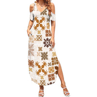 Vintage Hawaii Summer Maxi Dress Hawaiian Quilt Kapa Mismatch Beige LT7 Women Beige - Polynesian Pride