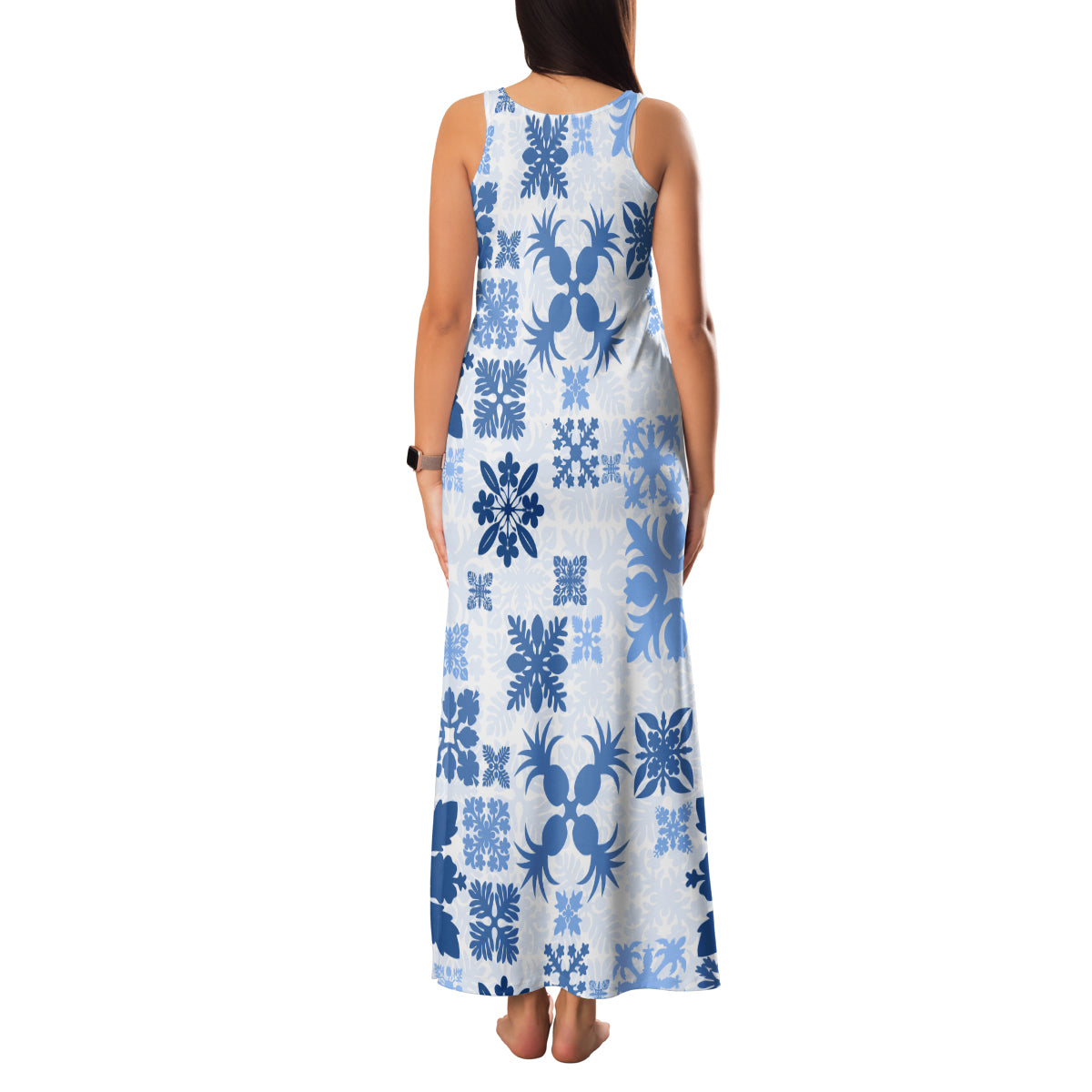 Vintage Hawaii Family Matching Tank Maxi Dress and Hawaiian Shirt Hawaiian Quilt Kapa Mismatch Blue LT7 - Polynesian Pride