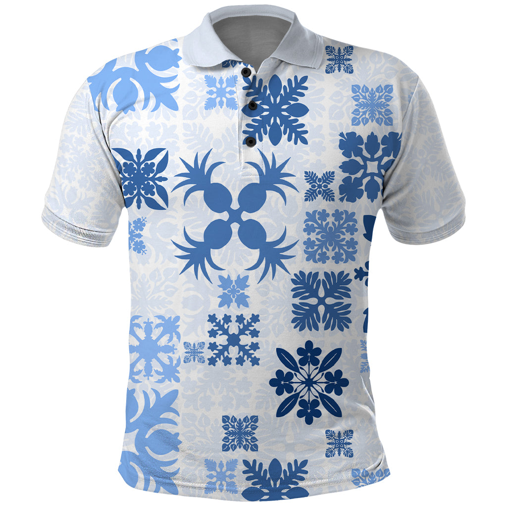 Vintage Hawaii Polo Shirt Hawaiian Quilt Kapa Mismatch Blue LT7 Blue - Polynesian Pride
