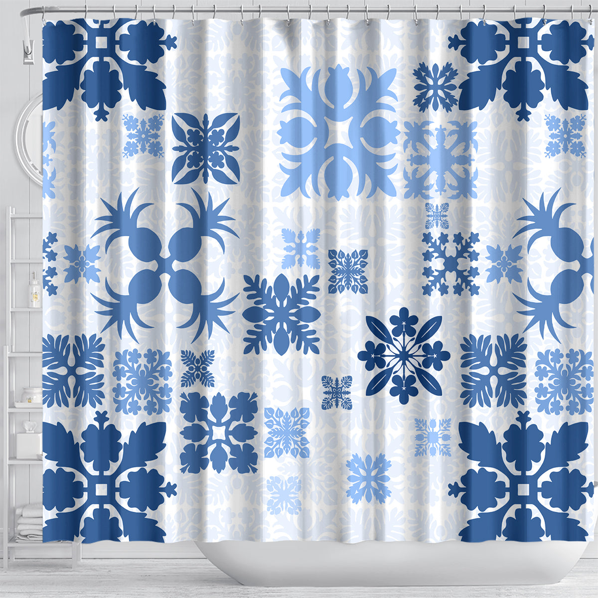 Vintage Hawaii Shower Curtain Hawaiian Quilt Kapa Mismatch Blue LT7 - Polynesian Pride