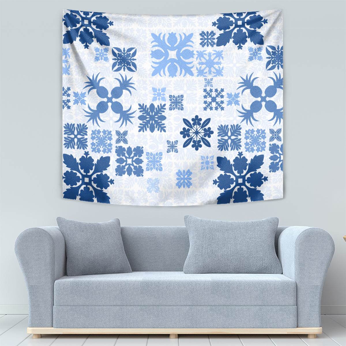 Vintage Hawaii Tapestry Hawaiian Quilt Kapa Mismatch Blue LT7 - Polynesian Pride