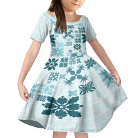 Vintage Hawaii Family Matching Off Shoulder Maxi Dress and Hawaiian Shirt Hawaiian Quilt Kapa Mismatch Teal LT7 Daughter's Dress Teal - Polynesian Pride