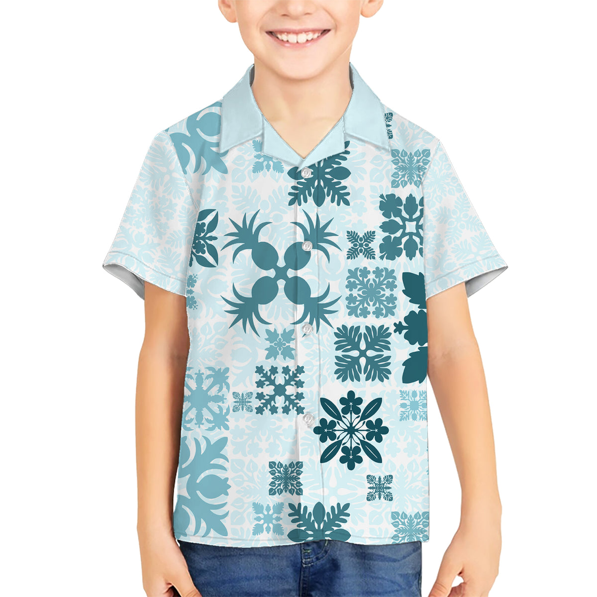 Vintage Hawaii Family Matching Short Sleeve Bodycon Dress and Hawaiian Shirt Hawaiian Quilt Kapa Mismatch Teal LT7 Son's Shirt Teal - Polynesian Pride