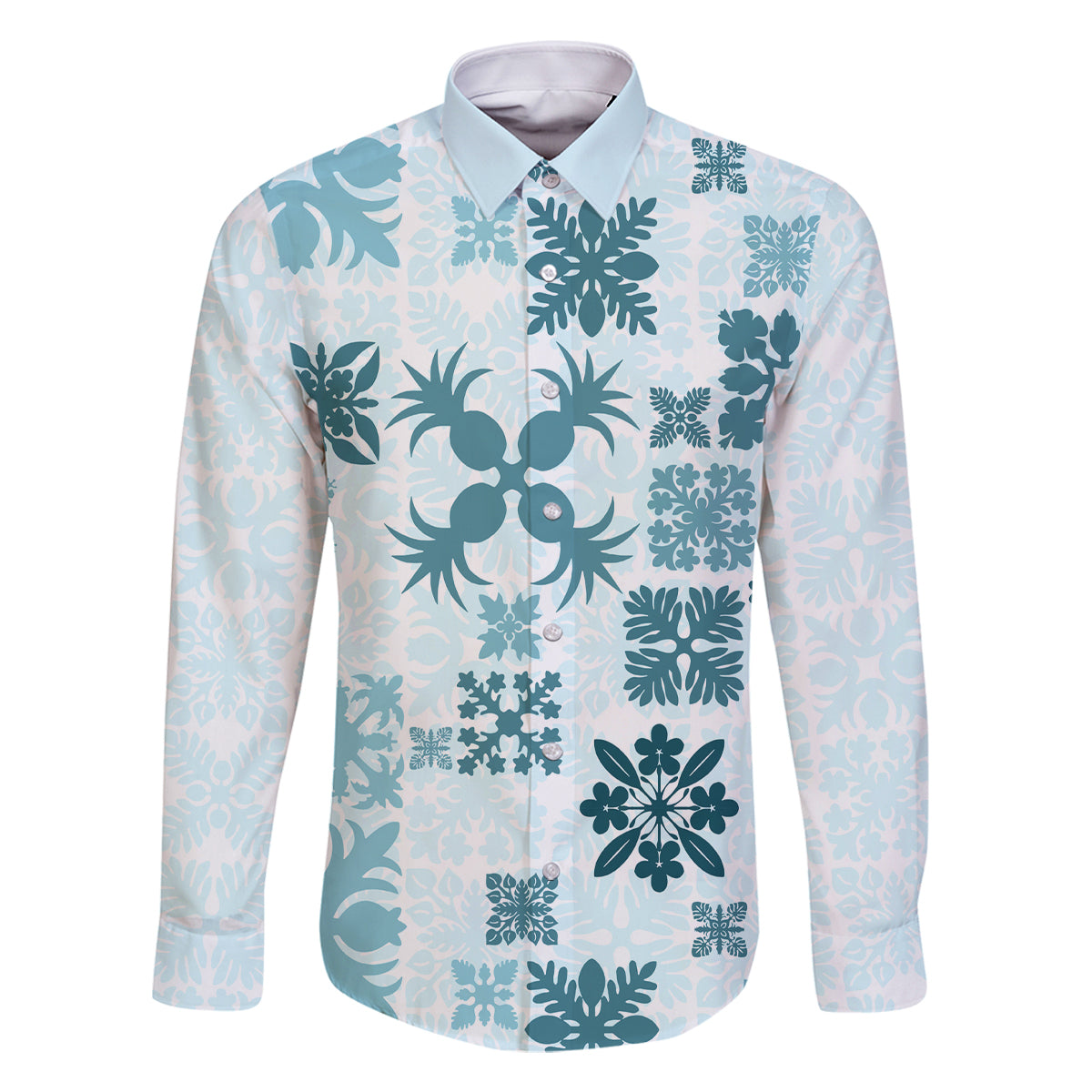 Vintage Hawaii Family Matching Summer Maxi Dress and Hawaiian Shirt Hawaiian Quilt Kapa Mismatch Teal LT7 Dad's Shirt - Long Sleeve Teal - Polynesian Pride