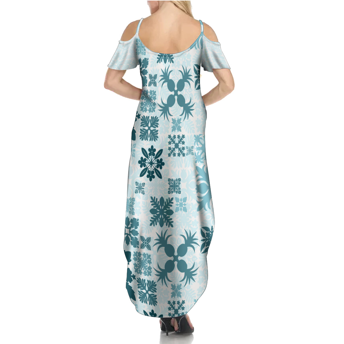 Vintage Hawaii Family Matching Summer Maxi Dress and Hawaiian Shirt Hawaiian Quilt Kapa Mismatch Teal LT7 - Polynesian Pride