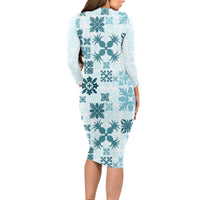 Vintage Hawaii Long Sleeve Bodycon Dress Hawaiian Quilt Kapa Mismatch Teal LT7 - Polynesian Pride