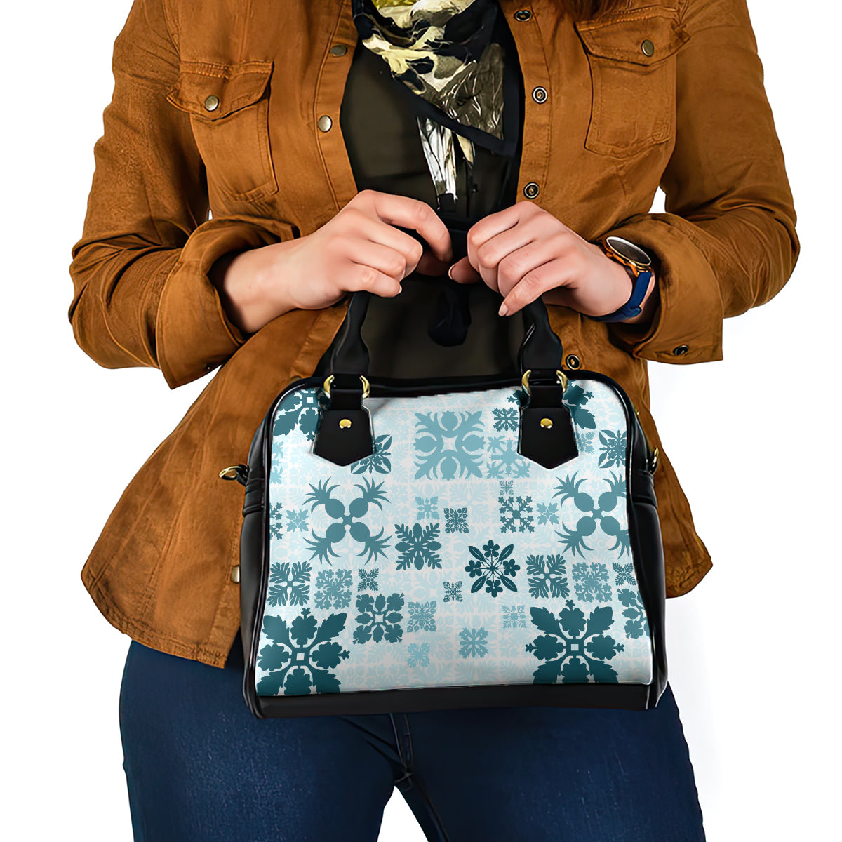 Vintage Hawaii Shoulder Handbag Hawaiian Quilt Kapa Mismatch Teal LT7 - Polynesian Pride