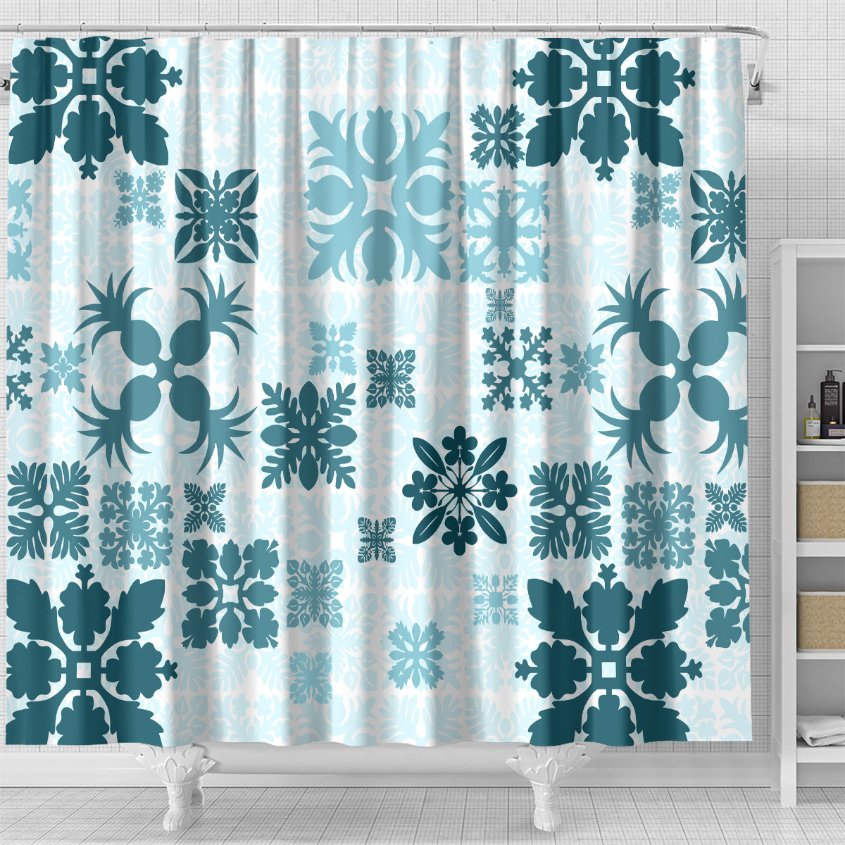 Vintage Hawaii Shower Curtain Hawaiian Quilt Kapa Mismatch Teal LT7 - Polynesian Pride