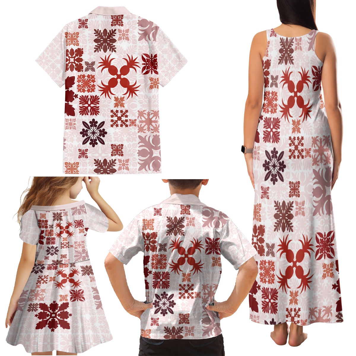 Vintage Hawaii Family Matching Tank Maxi Dress and Hawaiian Shirt Hawaiian Quilt Kapa Mismatch Red LT7 - Polynesian Pride