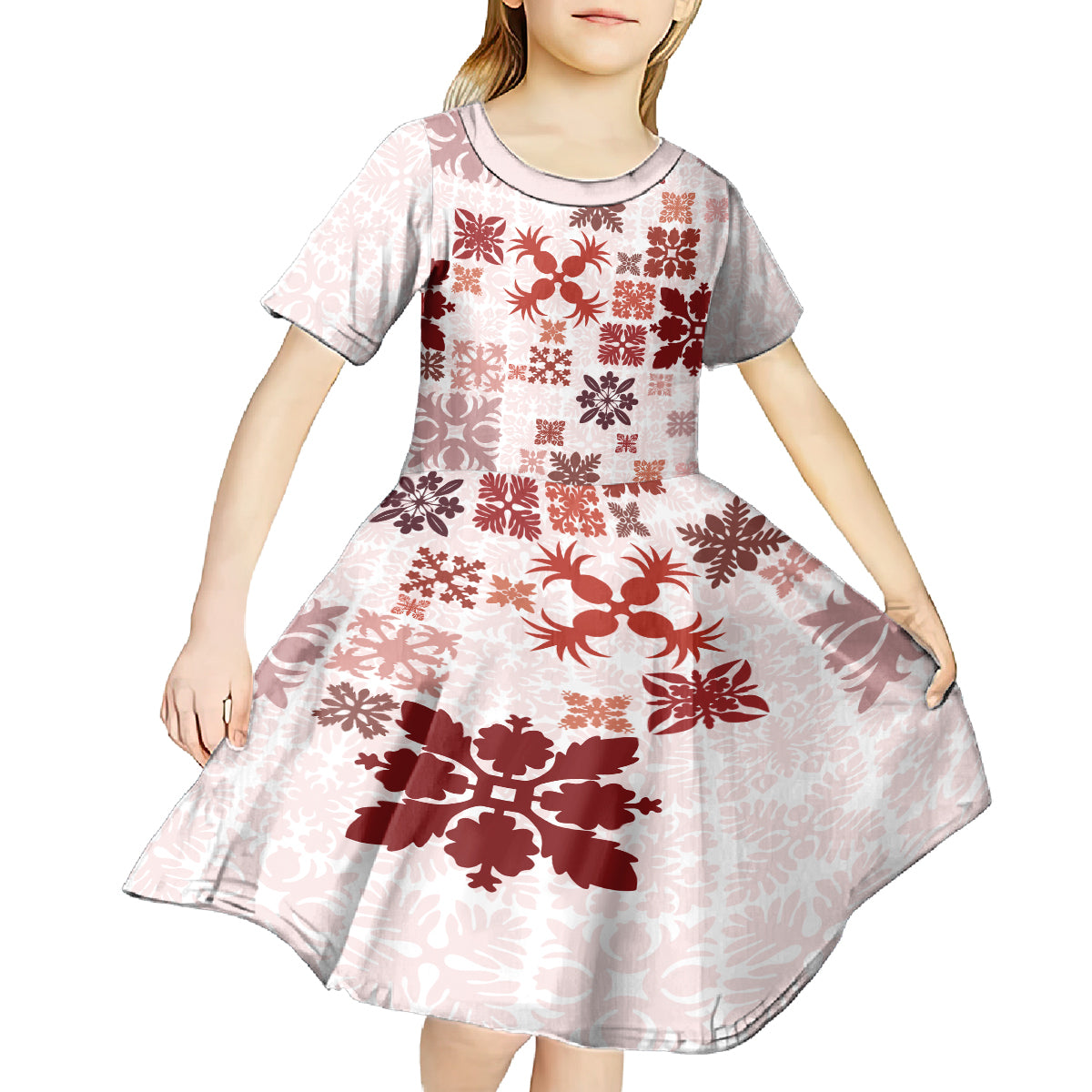 Vintage Hawaii Kid Short Sleeve Dress Hawaiian Quilt Kapa Mismatch Red LT7 - Polynesian Pride