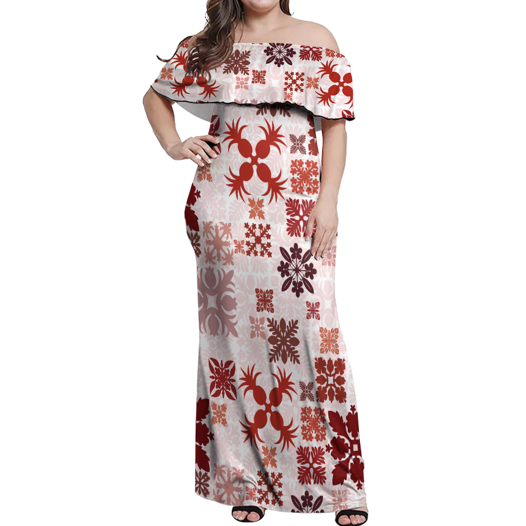 Vintage Hawaii Off Shoulder Maxi Dress Hawaiian Quilt Kapa Mismatch Re