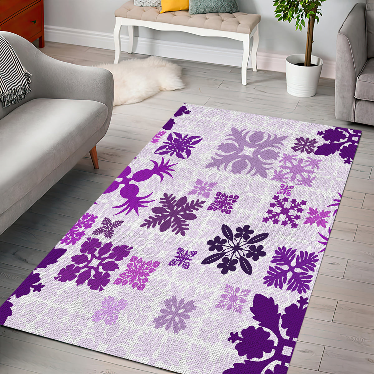 Vintage Hawaii Area Rug Hawaiian Quilt Kapa Mismatch Purple LT7 - Polynesian Pride