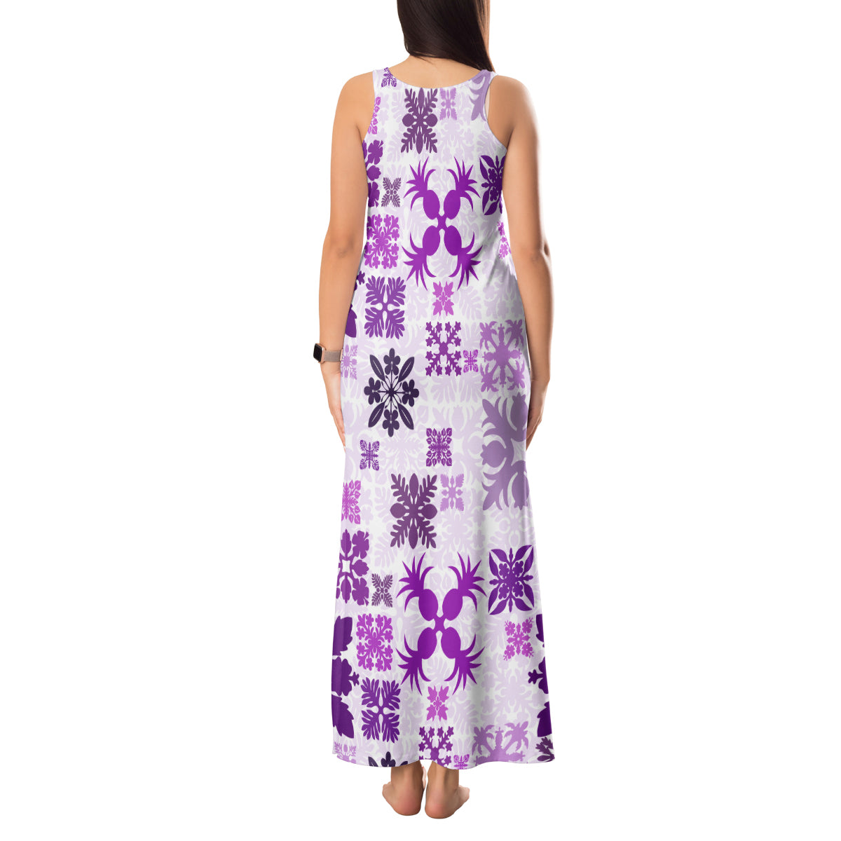 Vintage Hawaii Tank Maxi Dress Hawaiian Quilt Kapa Mismatch Purple LT7 - Polynesian Pride