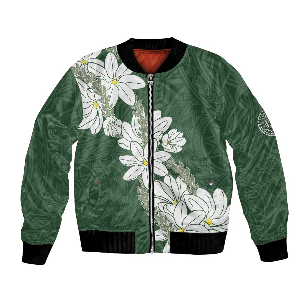 Ia Orana Tahiti Tiare Bomber Jacket Sage Green Lei LT7 Unisex Sage Green - Polynesian Pride