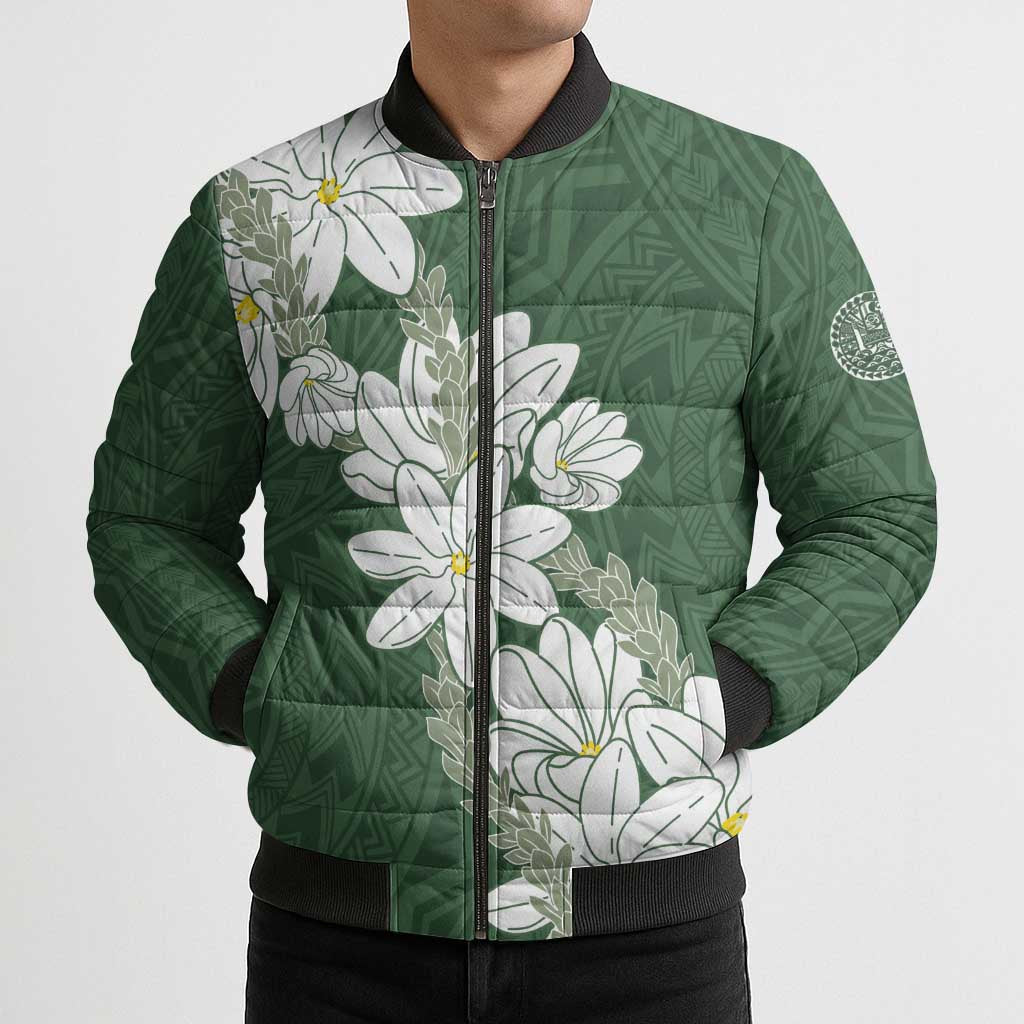 Ia Orana Tahiti Tiare Bomber Puffer Jacket Sage Green Lei - Polynesian Pride