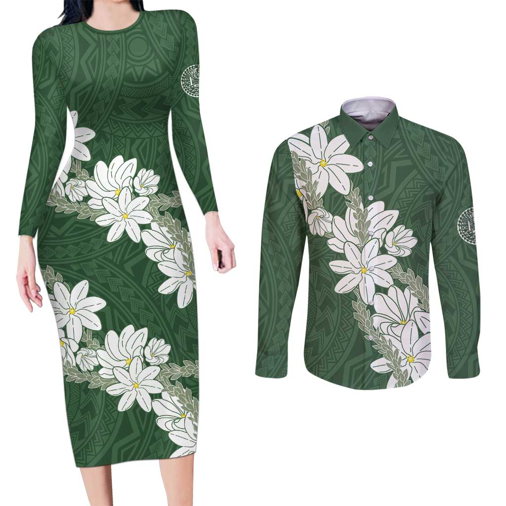 Ia Orana Tahiti Tiare Couples Matching Long Sleeve Bodycon Dress and Long Sleeve Button Shirt Sage Green Lei LT7 Sage Green - Polynesian Pride