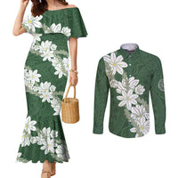 Ia Orana Tahiti Tiare Couples Matching Mermaid Dress and Long Sleeve Button Shirt Sage Green Lei - Polynesian Pride