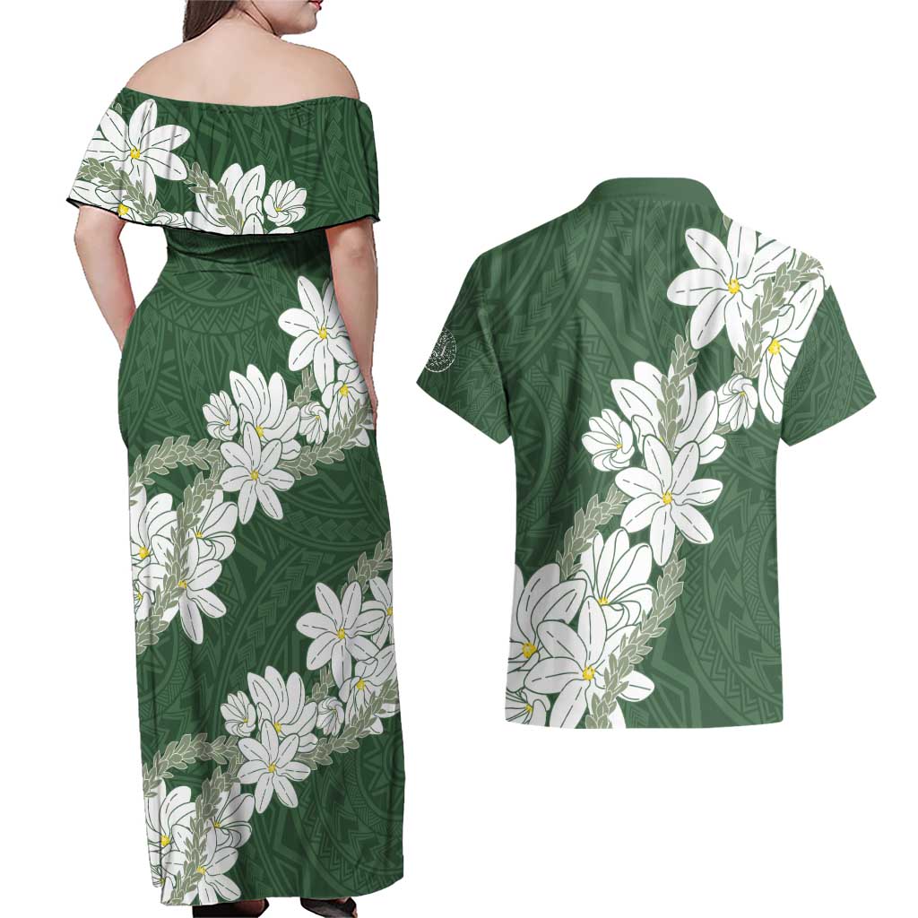 Ia Orana Tahiti Tiare Couples Matching Off Shoulder Maxi Dress and Hawaiian Shirt Sage Green Lei - Polynesian Pride