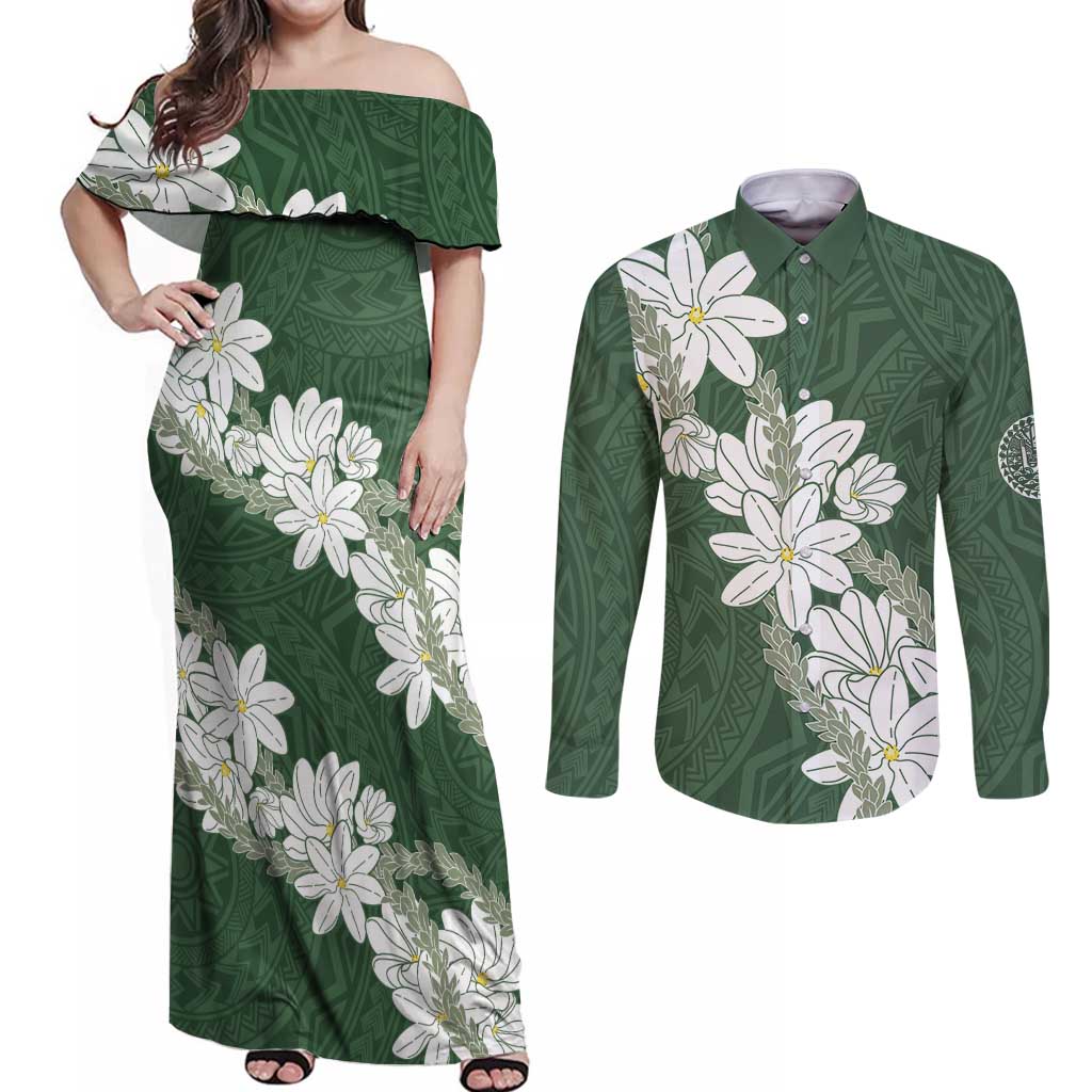 Ia Orana Tahiti Tiare Couples Matching Off Shoulder Maxi Dress and Long Sleeve Button Shirt Sage Green Lei LT7 Sage Green - Polynesian Pride