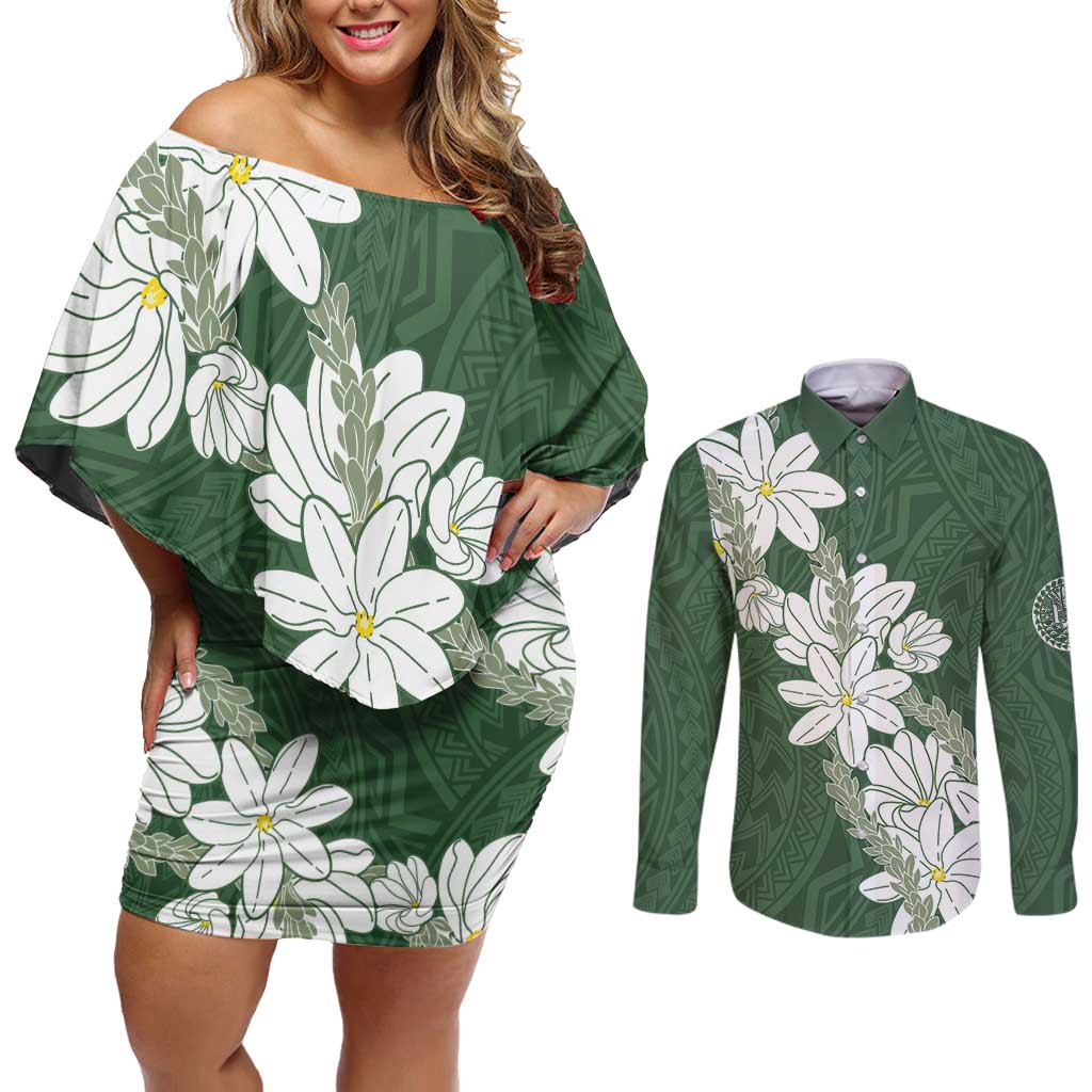 Ia Orana Tahiti Tiare Couples Matching Off Shoulder Short Dress and Long Sleeve Button Shirt Sage Green Lei - Polynesian Pride