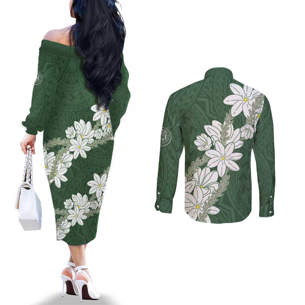 Ia Orana Tahiti Tiare Couples Matching Off The Shoulder Long Sleeve Dress and Long Sleeve Button Shirt Sage Green Lei - Polynesian Pride