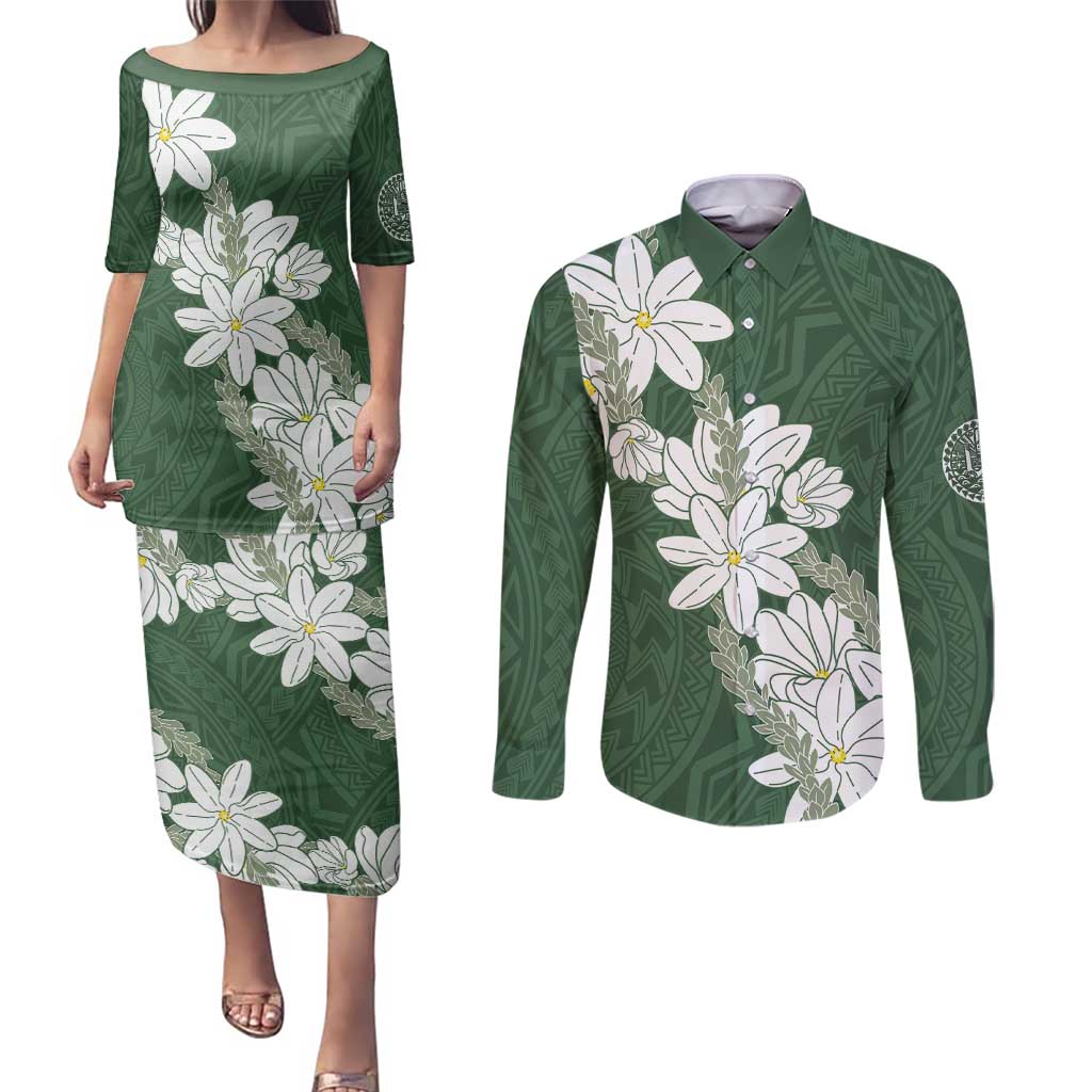 Ia Orana Tahiti Tiare Couples Matching Puletasi and Long Sleeve Button Shirt Sage Green Lei LT7 Sage Green - Polynesian Pride
