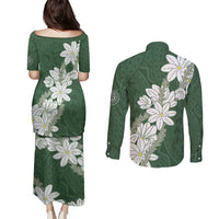 Ia Orana Tahiti Tiare Couples Matching Puletasi and Long Sleeve Button Shirt Sage Green Lei - Polynesian Pride