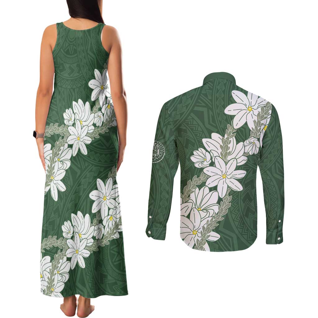 Ia Orana Tahiti Tiare Couples Matching Tank Maxi Dress and Long Sleeve Button Shirt Sage Green Lei - Polynesian Pride