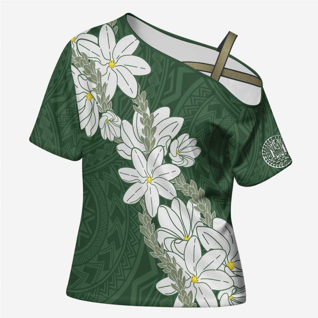 Ia Orana Tahiti Tiare Cross Shoulder Shirt Sage Green Lei LT7 Female Sage Green - Polynesian Pride