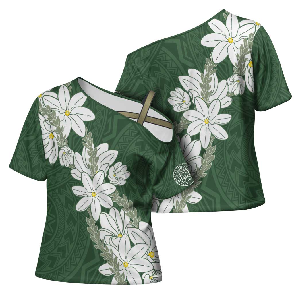 Ia Orana Tahiti Tiare Cross Shoulder Shirt Sage Green Lei - Polynesian Pride