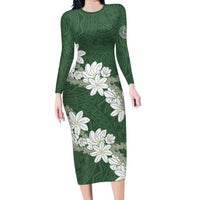 Ia Orana Tahiti Tiare Family Matching Long Sleeve Bodycon Dress and Hawaiian Shirt Sage Green Lei - Polynesian Pride