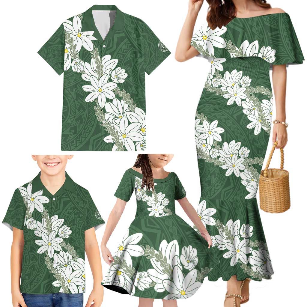 Ia Orana Tahiti Tiare Family Matching Mermaid Dress and Hawaiian Shirt Sage Green Lei - Polynesian Pride