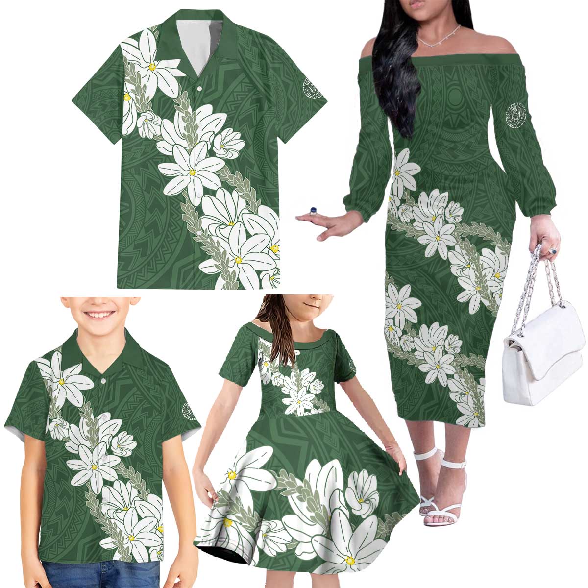 Ia Orana Tahiti Tiare Family Matching Off The Shoulder Long Sleeve Dress and Hawaiian Shirt Sage Green Lei - Polynesian Pride