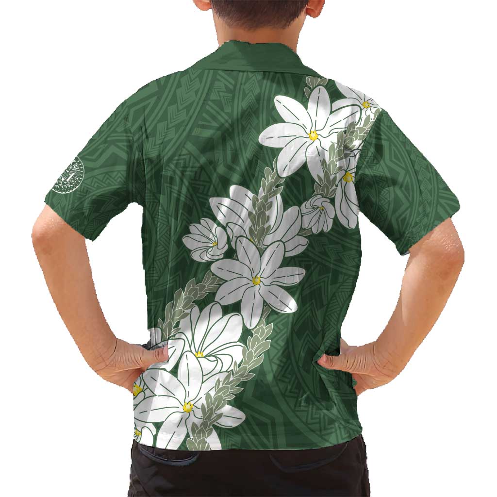 Ia Orana Tahiti Tiare Family Matching Off Shoulder Short Dress and Hawaiian Shirt Sage Green Lei LT7 - Polynesian Pride