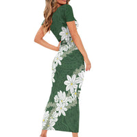 Ia Orana Tahiti Tiare Family Matching Short Sleeve Bodycon Dress and Hawaiian Shirt Sage Green Lei - Polynesian Pride