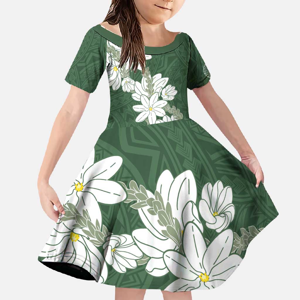 Ia Orana Tahiti Tiare Family Matching Summer Maxi Dress and Hawaiian Shirt Sage Green Lei - Polynesian Pride