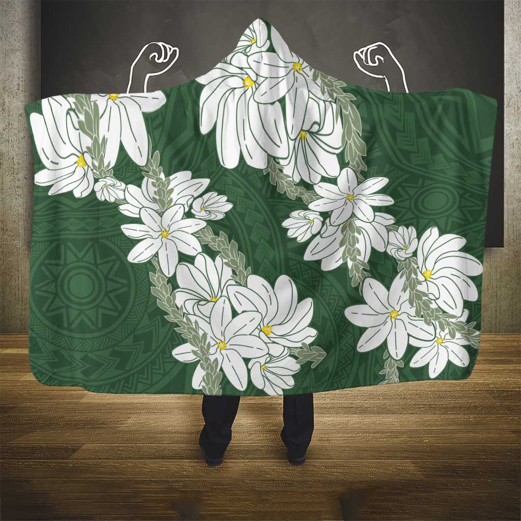 Ia Orana Tahiti Tiare Hooded Blanket Sage Green Lei - Polynesian Pride