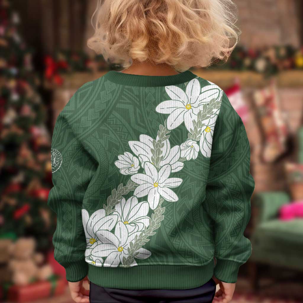 Ia Orana Tahiti Tiare Kid Ugly Christmas Sweater Sage Green Lei - Polynesian Pride
