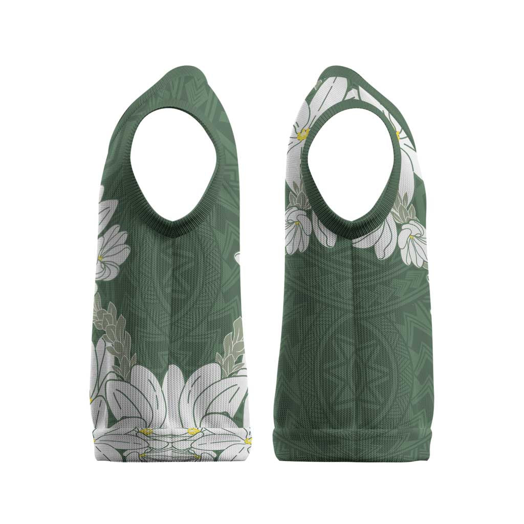 Ia Orana Tahiti Tiare Christmas Knitted V-Neck Vest Sage Green Lei - Polynesian Pride