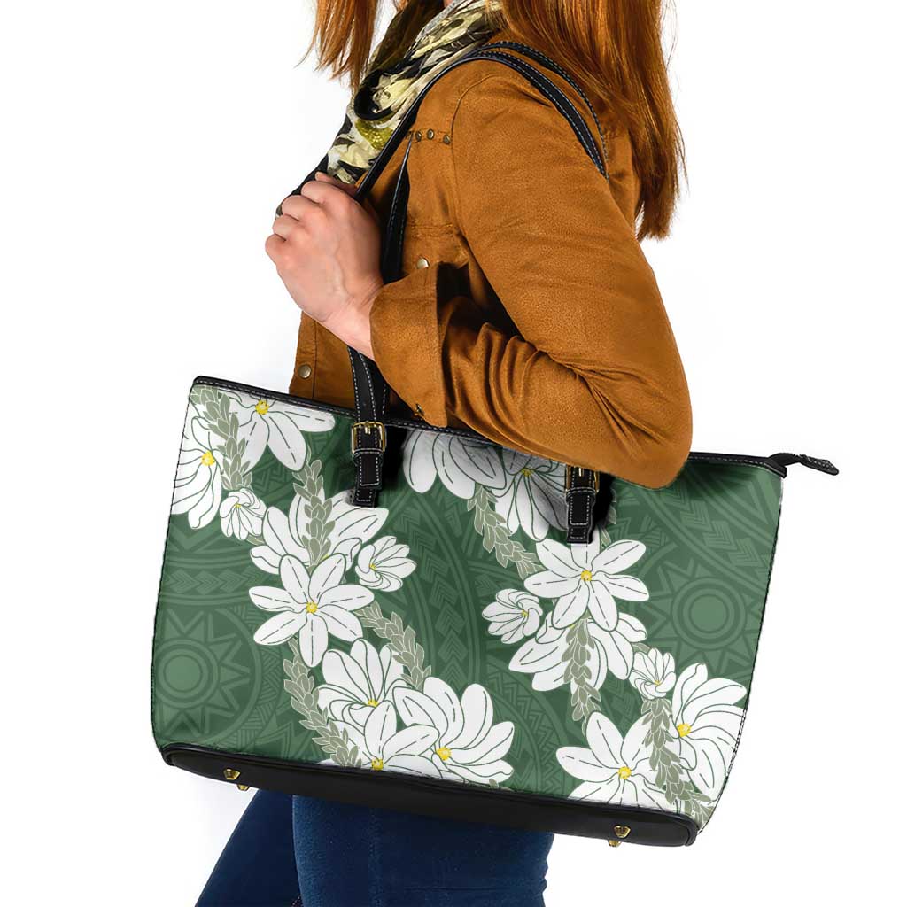 Ia Orana Tahiti Tiare Leather Tote Bag Sage Green Lei - Polynesian Pride