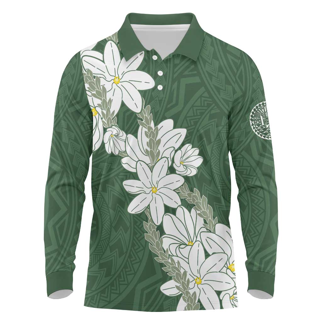Ia Orana Tahiti Tiare Long Sleeve Polo Shirt Sage Green Lei LT7 Sage Green - Polynesian Pride
