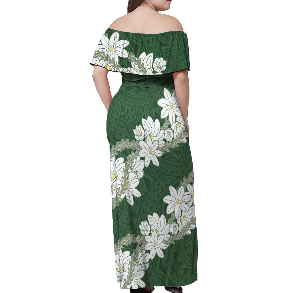Ia Orana Tahiti Tiare Off Shoulder Maxi Dress Sage Green Lei - Polynesian Pride