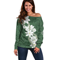 Ia Orana Tahiti Tiare Off Shoulder Sweater Sage Green Lei - Polynesian Pride