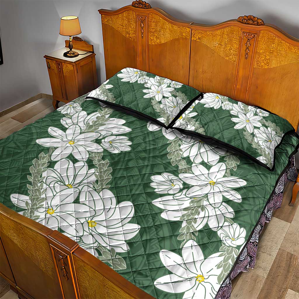 Ia Orana Tahiti Tiare Quilt Bed Set Sage Green Lei - Polynesian Pride