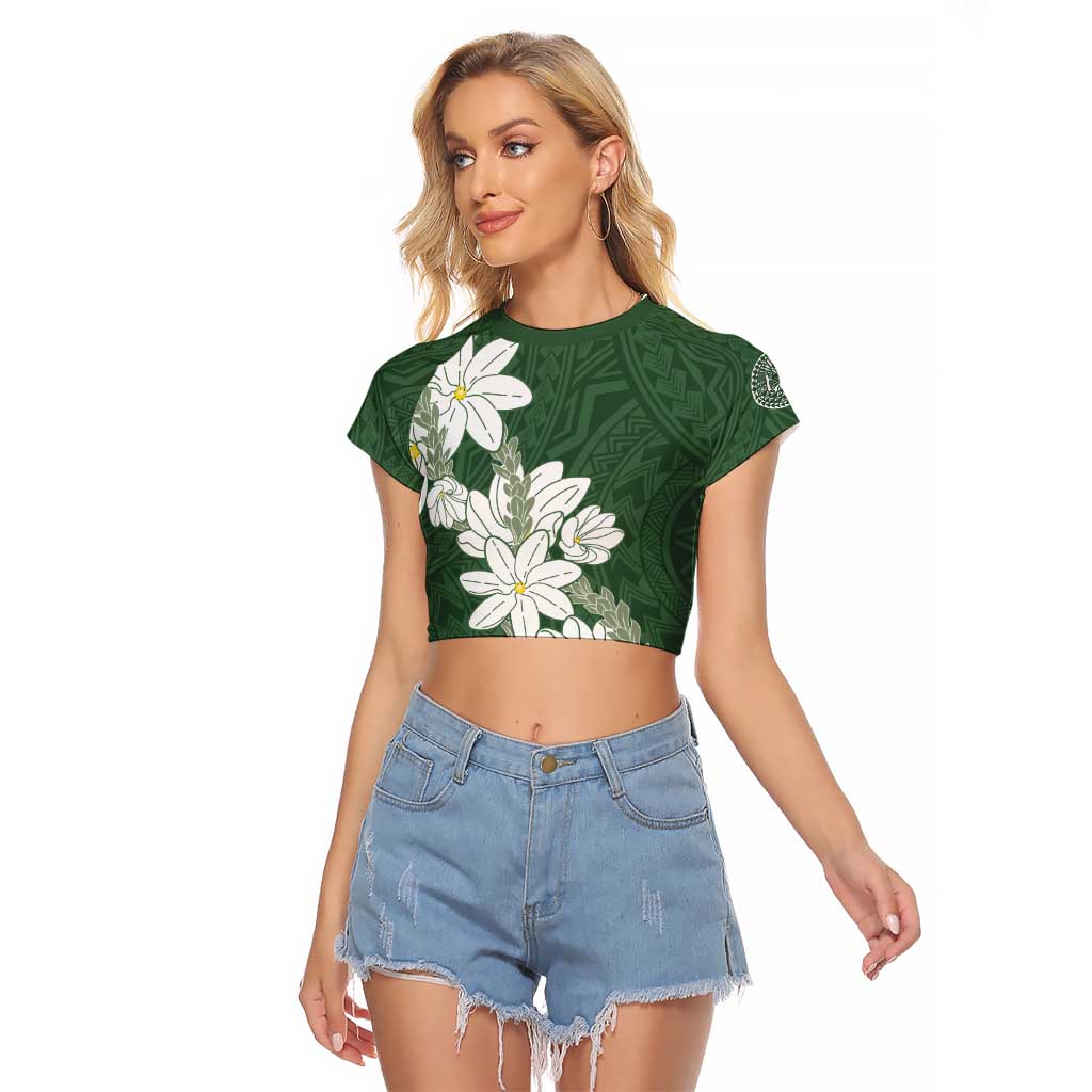 Ia Orana Tahiti Tiare Raglan Cropped T Shirt Sage Green Lei LT7 Female Sage Green - Polynesian Pride
