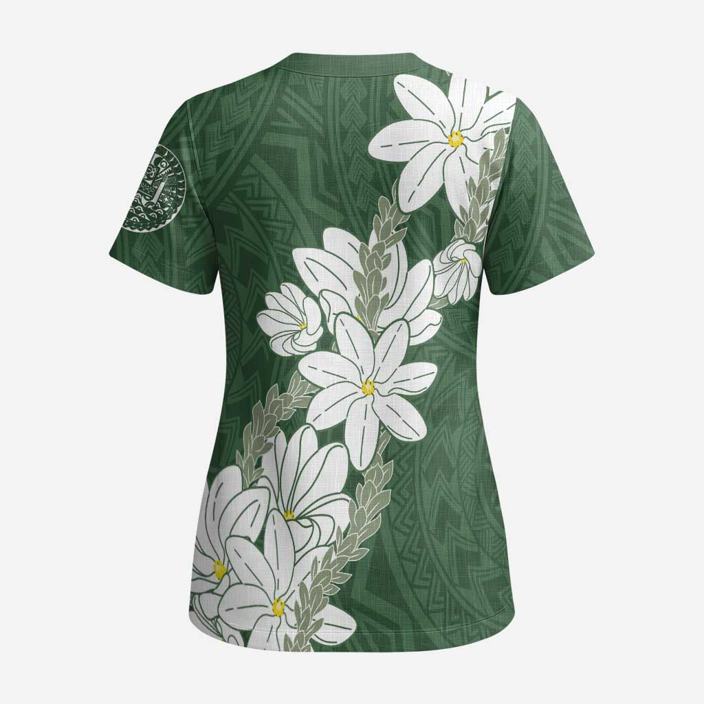 Ia Orana Tahiti Tiare Scrub Top Sage Green Lei - Polynesian Pride