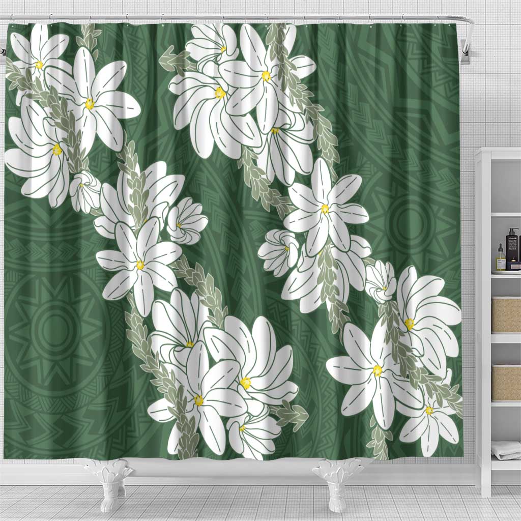 Ia Orana Tahiti Tiare Shower Curtain Sage Green Lei - Polynesian Pride