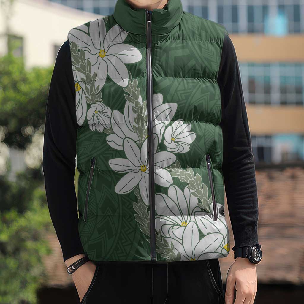 Ia Orana Tahiti Tiare Sleeveless Puffer Jacket Sage Green Lei - Polynesian Pride
