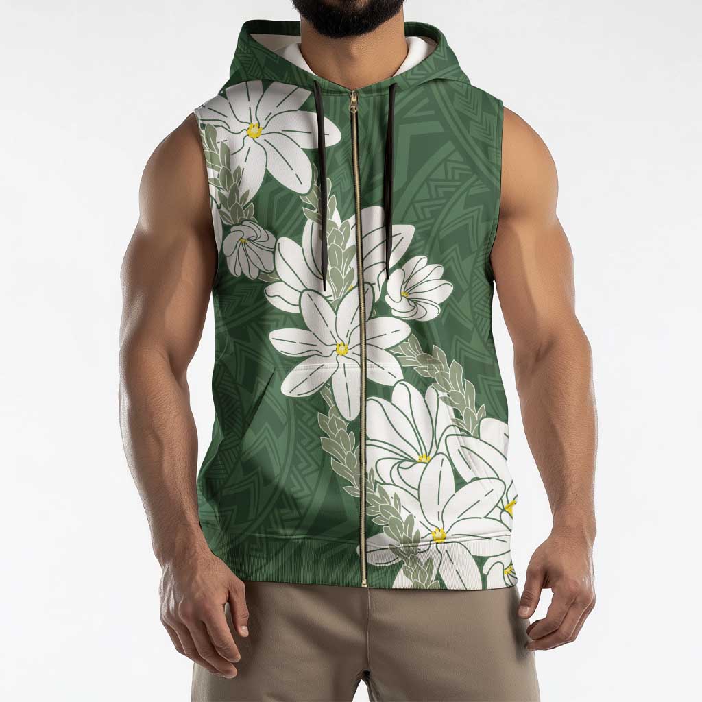 Ia Orana Tahiti Tiare Sleeveless Zip Hoodie Sage Green Lei - Polynesian Pride